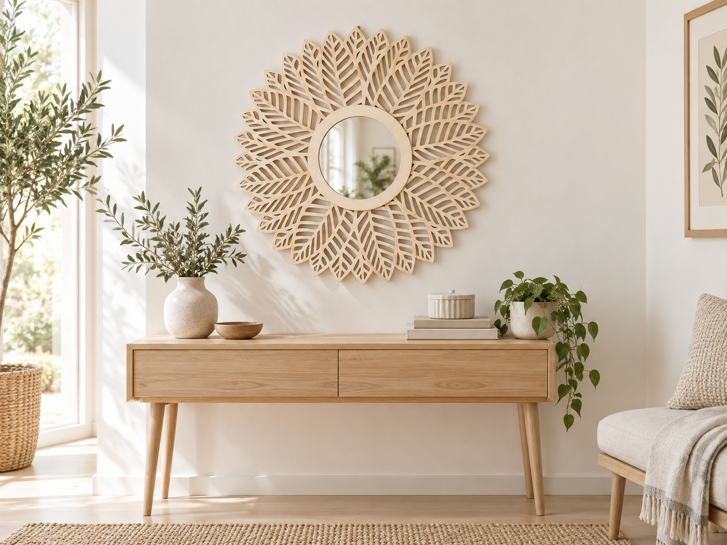 Lustro Dekoracyjne w Drewnianej Ramie, Lustro na Ścianę LIFFA 60 cm