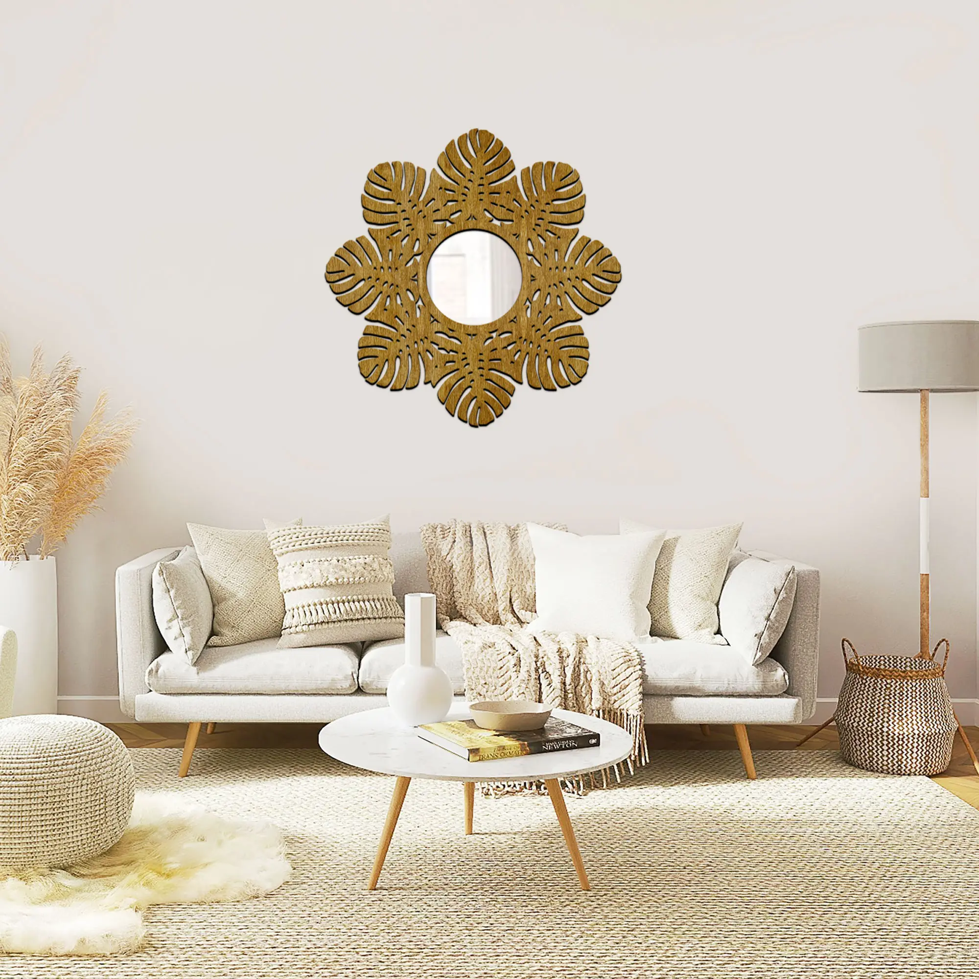 Lustro Dekoracyjne w Drewnianej Ramie, Lustro na Ścianę MONSTERA 60 cm - obrazek 4
