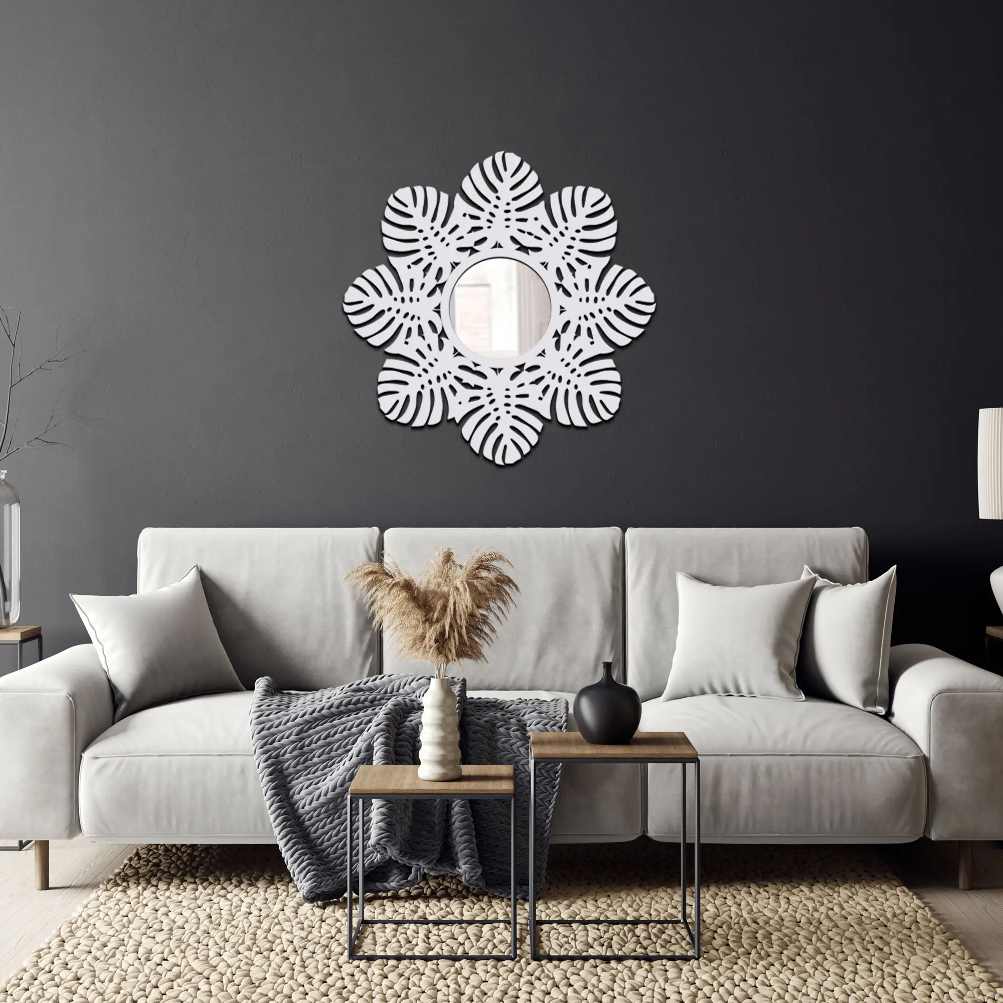 Lustro Dekoracyjne w Drewnianej Ramie, Lustro na Ścianę MONSTERA 60 cm - obrazek 3