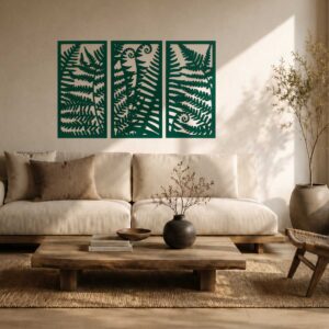 Dekoracja na Ścianę, Drewniane Ażurowe Panele Dekoracyjne Tryptyk LIŚCIE PAPROCI 120x80 cm