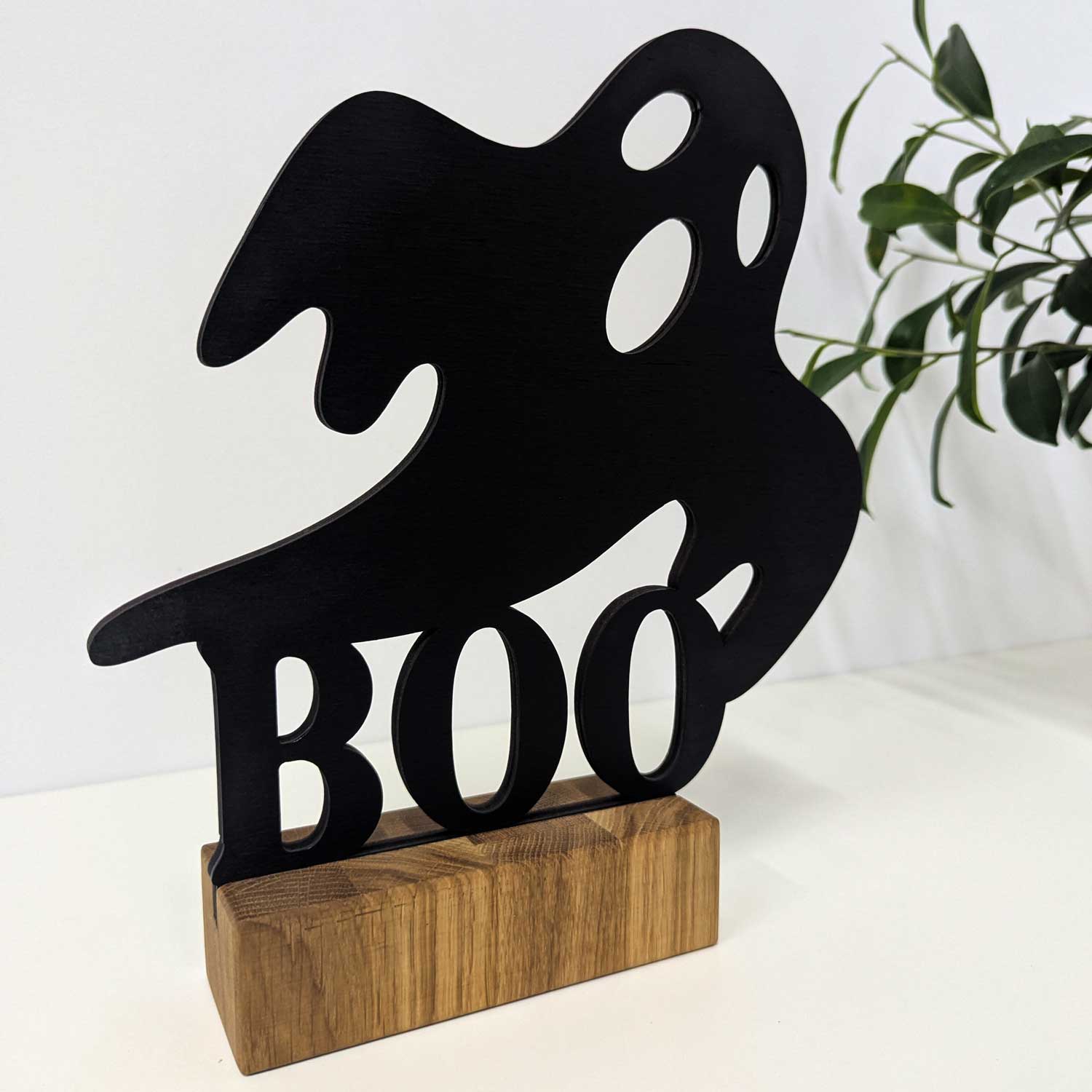 Drewniane Dekoracja na Halloween DUCH na Podstawce z Drewna Dębowego 25 x 29cm