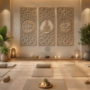 Drewniany Tryptyk BUDDA LOTOS OM 114×80 cm – Dekoracja na Ścianę