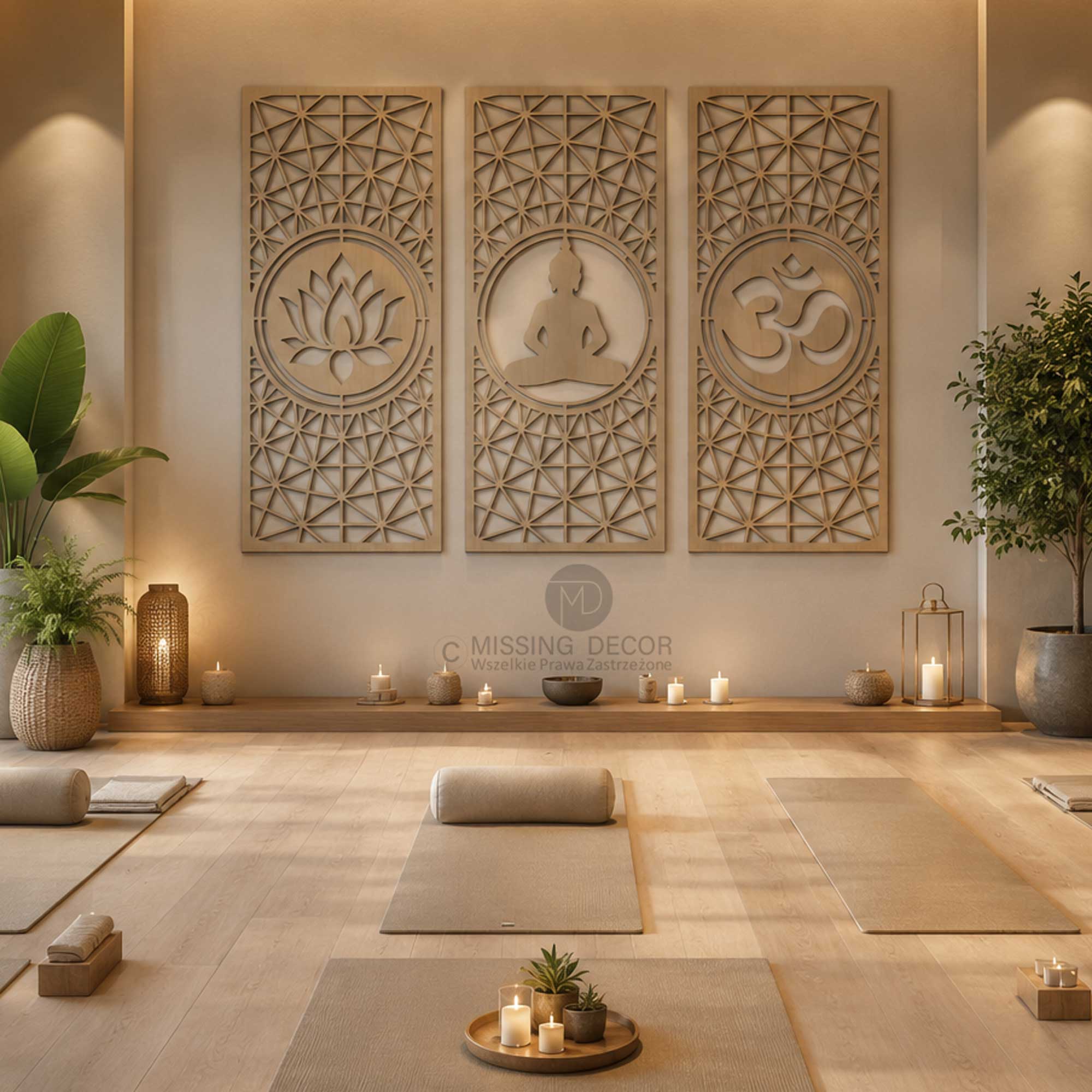 Drewniany Tryptyk BUDDA LOTOS OM 114×80 cm – Dekoracja na Ścianę